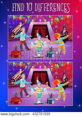 Find Differences Kids Game With Circus Clowns On Stage. Vector Puzzle Of Brain Training, Memory And 