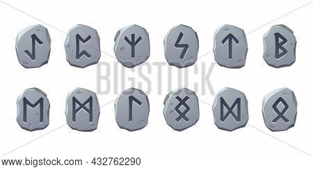 Rune Stones With Sacred Glyphs For Game Design Isolated On White Background. Vector Cartoon Set Of A