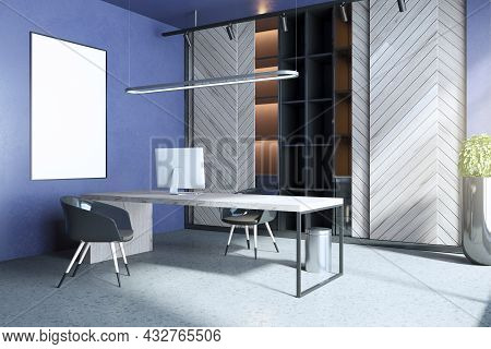 Modern Blue And Concrete Home Office Interior With Workplace, Empty White Mock Up Poster, Bookcase A