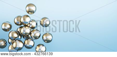 Creative Wide Image Of Shiny Metal Golden Balls On Grey Background With Mock Up Place. Design Concep