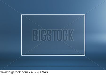 Empty Rectangular Glass Frame Banner On Blue Background. Mock Up, 3d Rendering
