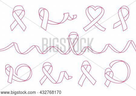 Big Set Of Pink Ribbons Isolated Over White Background. Symbol Of Breast Cancer Awareness Month In O