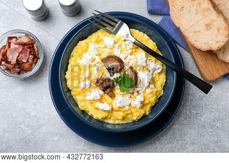 Tasty Banosh Served With Brynza And Mushrooms On Grey Table, Flat Lay. Traditional Ukrainian Dish