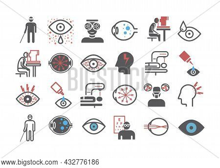 Eye Diagnostics. Symptoms, Treatment. Icons Set. Vector Signs For Web Graphics.