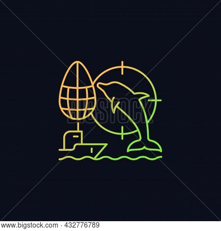 Dolphin Drive Hunting Gradient Vector Icon For Dark Theme. Drive Dolphins With Boat To Shore And Kil