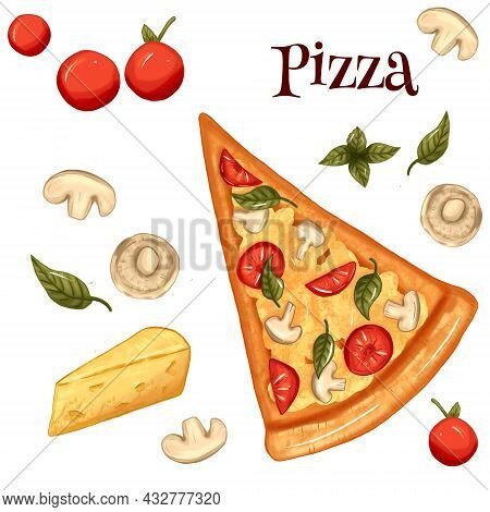 Pizza Slice Art, Pizza Making Ingedients, Mushrooms, Tomatoes, Cheese, Basil, Italian Food Illustrat