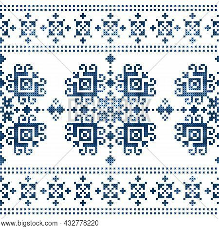 Zmijanjski Vez Cross Stitch Vector Folk Art Seamless Pattern - Textile Or Fabric Print Background In