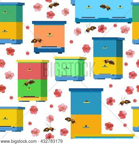 Apiary With Bees And Hives. Surrounded By Pink Flowers Of Fruit Trees. Seamless Pattern. Isolated On