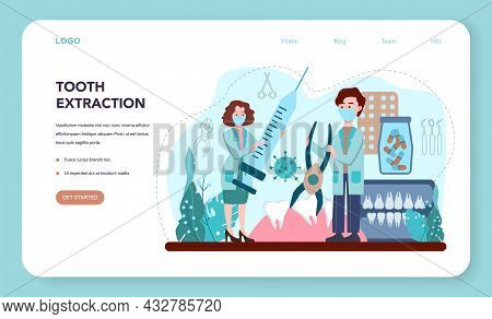 Dentist Web Banner Or Landing Page. Dental Doctor In Uniform Extracting