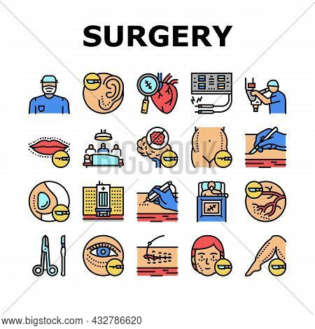 Surgery Medicine Clinic Operation Icons Set Vector. Lips And Facial Plastic Surgery, Liposuction And