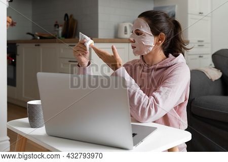Young Woman With Beauty Mask At Home. Snackable Wellness Concept. Self Care For Home Office . Quick 