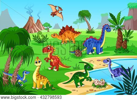 Dinosaur Prehistoric Landscape. Cartoon Baby Poster, Happy Animals And Volcano. Dino On Lake, Jungle