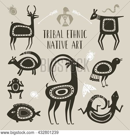 Native Totem Animals. Tribal Ethnic Animal Drawings, Lizard Deer Fish Frog Goat Bird Drawn Totems Be