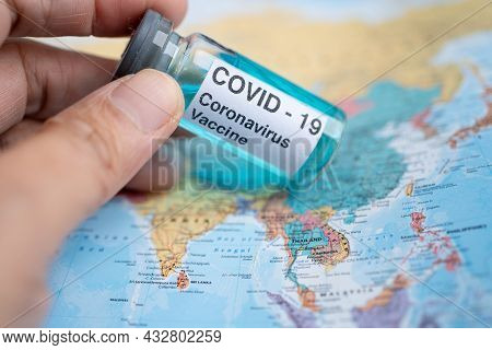 Bangkok, Thailand - July 1, 2021, Coronavirus Covid-19 Vaccine On Asia Map, Development Medical For 