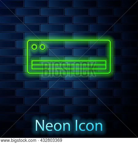Glowing Neon Line Air Conditioner Icon Isolated On Brick Wall Background. Split System Air Condition