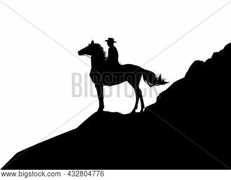 Wild West Mountain Landscape Scene - Vector Silhouette Design With Cowboy And Horse Standing On Clif