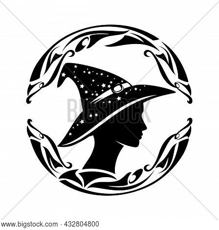 Beautiful Fortune Teller Wearing Witch Hat With Stars - Profile Sorceress Head Black And White Vecto