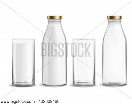 Bottle And Glass Milk. Milky Realistic Bottles Glasses Empty And Full Dairy Beverage Product. Cup Wi