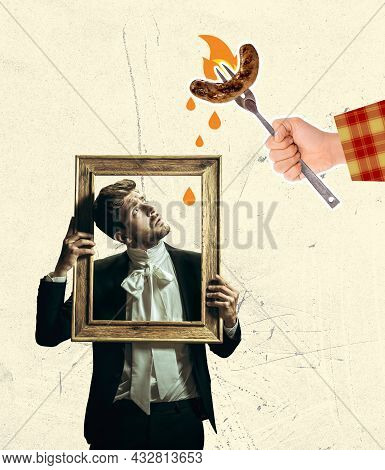 Portrait Of Male Model Like Medieval Royalty Person In Vintage Clothing Holding Picture Frame And Lo
