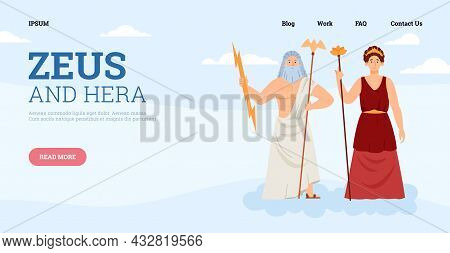Website Banner Template With Greek Mythology Personages Of Zeus God Of Thunder And Lighting Bolt Ray