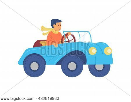 Child Boy Learning To Drive Cabriolet Car, Flat Vector Illustration Isolated.