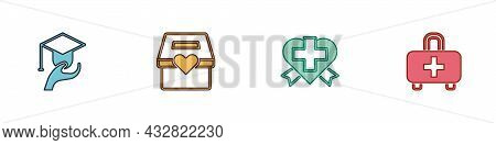 Set Education Grant, Donation And Charity, Heart With Cross And First Aid Kit Icon. Vector