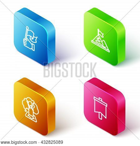 Set Isometric Line Hand Holding Flag, Mountains With, Man And Flag Icon. Vector