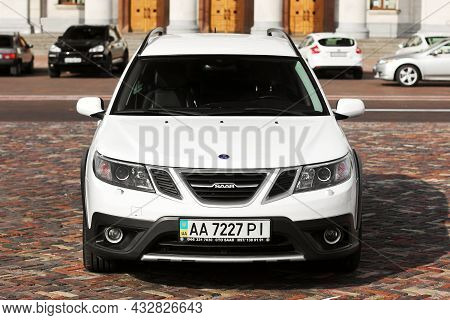 Chernigov, Ukraine - July 24, 2021: White Saab 9-3x In The City