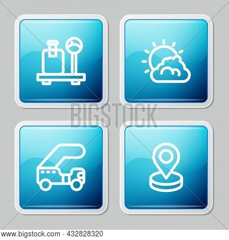 Set Line Scale With Suitcase, Sun And Cloud Weather, Passenger Ladder And Location Icon. Vector