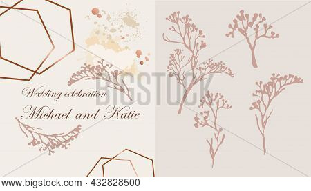 Beautiful Card With Trees. Wedding Invitation Card, Graphic Elements. Pictures For Printing On Paper