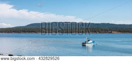 Fishing Boat Near The Shore On Pacific Ocean West Coast. Sunny Summer Day. Fernwood Point Beach, Sal