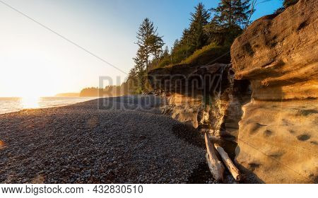 Unique Rock Formation At Sandcut Beach On The West Coast Of Pacific Ocean. Summer Sunny Sunset. Cana