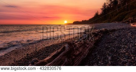 Sandcut Beach On The West Coast Of Pacific Ocean. Sunny Sunset Art Render. Canadian Nature Landscape