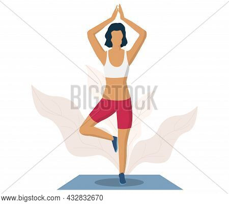 Woman Doing Yoga Exerice, Vector Illustration. Tree Yoga Pose Or Vrksasana. Fitness Gym, Healthy Lif