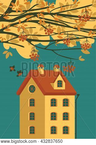 Autumn Landscape With Yellowed Rowan Branches, A Pair Of Birds And Cute Yellow Three-storey House On