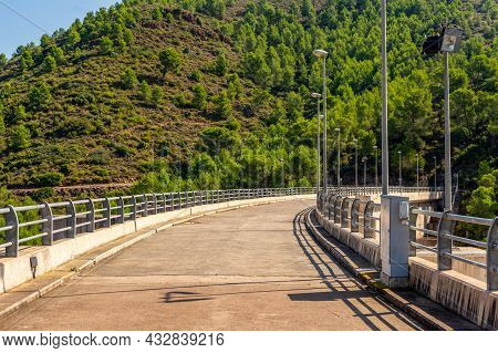 Concrete Road Empty Space And Big Green Trees And Forests On Both Sides Of The Road Travel Concept