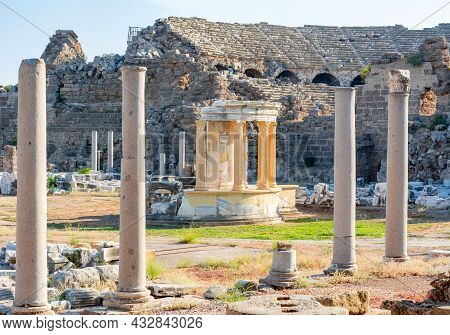 Columns Around Temple Of Fortune (tyche Tapinagi) And Roman Amphitheater In Ancient Side, Turkey