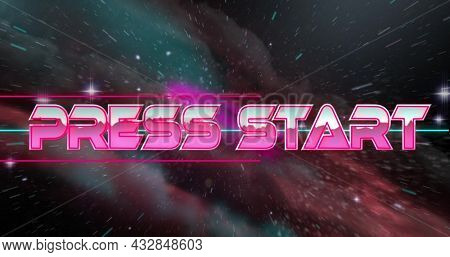 Image of game screen with Press Start text written in pink and silver shiny letters and universe and stars moving in background. Vintage image game entertainment concept digitally generated image.