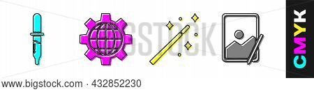 Set Pipette, Globe Of The Earth And Gear, Magic Wand And Graphic Tablet Icon. Vector