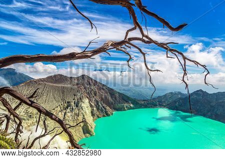 Panoramic Aerial View Crater Of Active Volcano Ijen And Dead Tree, Java Island, Indonesia
