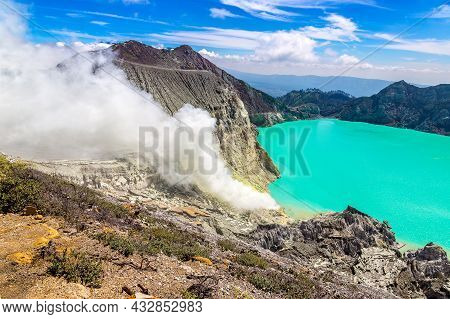 Panoramic Aerial View Crater Of Active Volcano Ijen, Java Island, Indonesia