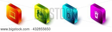 Set Isometric Laptop, Floppy Disk, Usb Flash Drive And Coffee Cup Go Icon. Vector