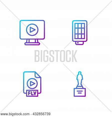 Set Line Movie Trophy, Flv File Document, Online Play Video And Softbox Light. Gradient Color Icons.