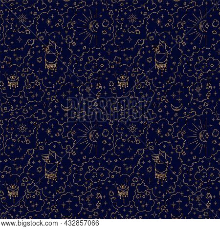 New Years Pattern With Stars Hand And Mysticism. Modern Background With Golden Christmas Elements. H