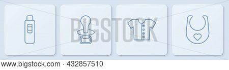Set Line Pregnancy Test, Baby T-shirt, Dummy Pacifier And Bib. White Square Button. Vector