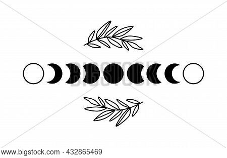 Floral Moon Phase. Black Moon Phase. Boho Luna Symbol. Shape Moon Cycle. Full Moon, Crescent Isolate