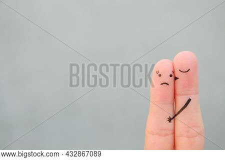 Fingers Art Of Couple. Concept Of Woman Doesn't Like The Man Who Loves Her.
