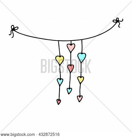 Doodle Valentines Day Thread Garland. Hand-drawn Festoon Isolated On White Background. Color Festive