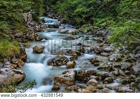 Magic Forest Zauberwald At Lake Hintersee With Creek Ramsauer Ache. National Park Berchtesgadener La