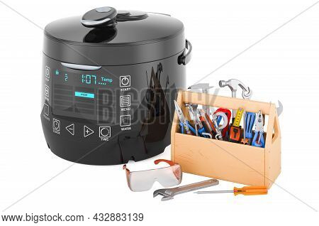Multicooker With Toolbox. Repair And Service Of Automatic Multicooker, 3d Rendering Isolated On Whit